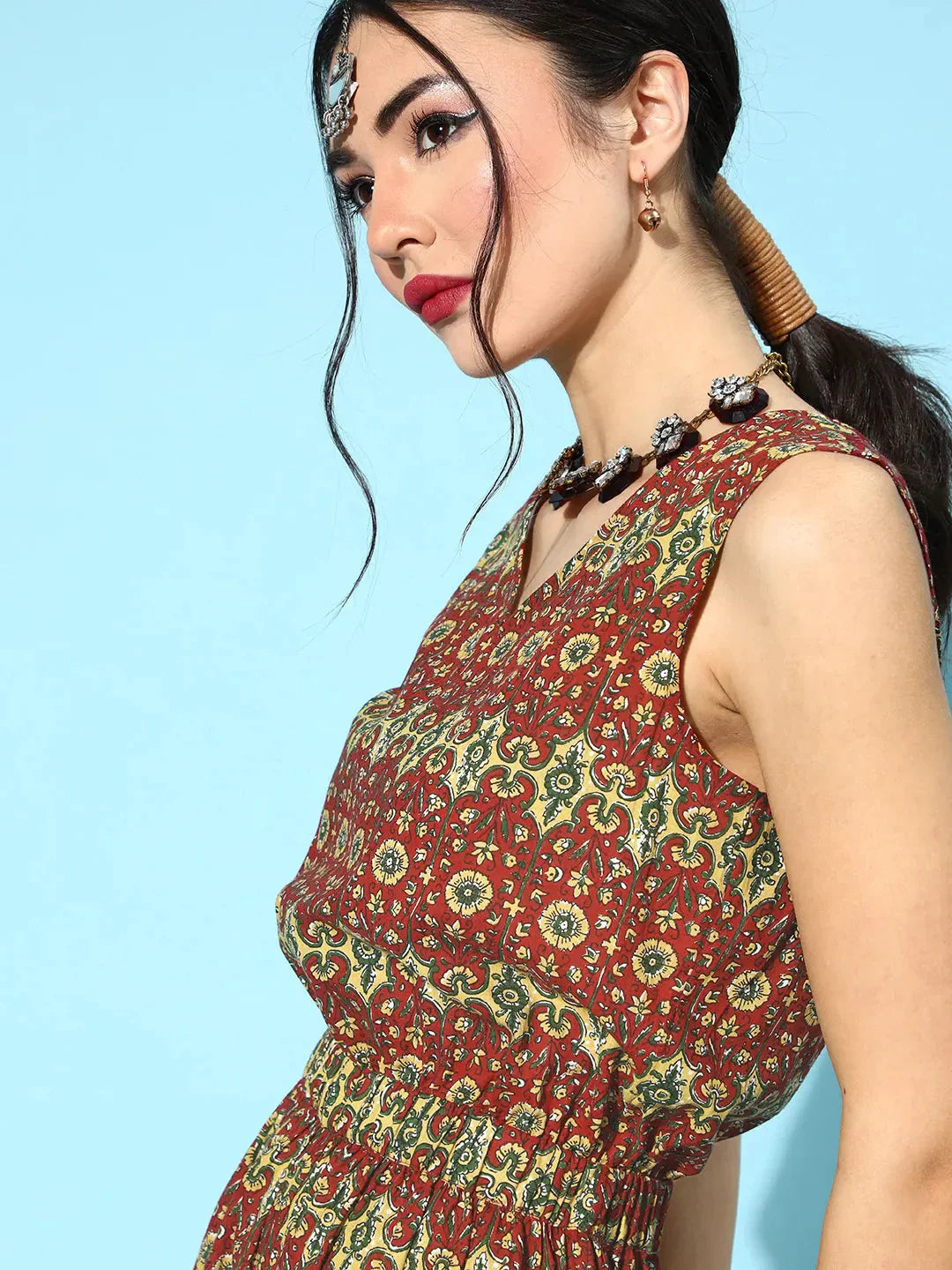 Yufta Maroon Printed Jumpsuit - Swadesiicart