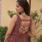 Lorenvalley Maroon Printed Cotton With Kutchi Gamthi Work and Kodi Lace Gown | Swadesiicart