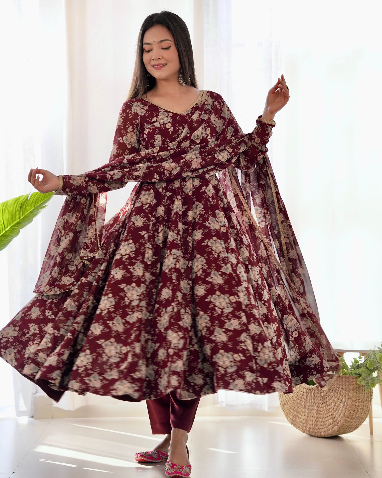 Lorenvalley Pure Faux Georgette Multi Floral Print Fully Flared Anarkali Pant With Dupatta Set - Maroon | Swadesiicart