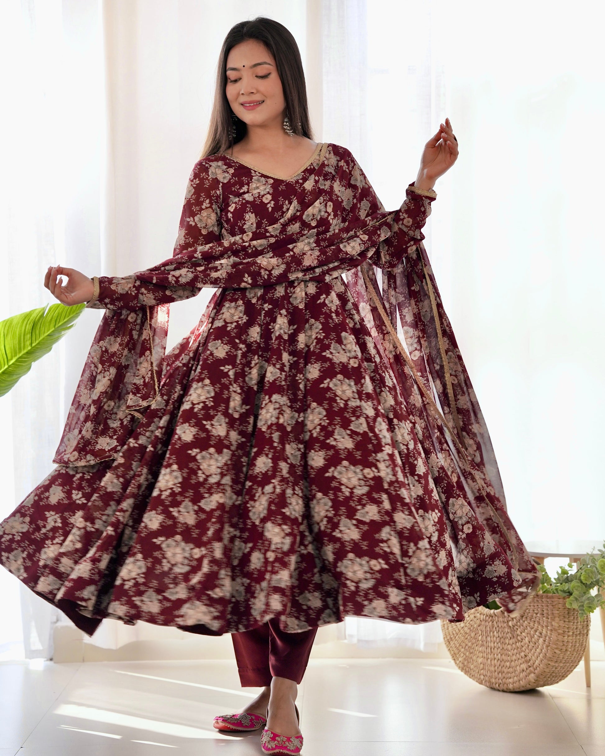 Lorenvalley Pure Faux Georgette Multi Floral Print Fully Flared Anarkali Pant With Dupatta Set - Maroon | Swadesiicart