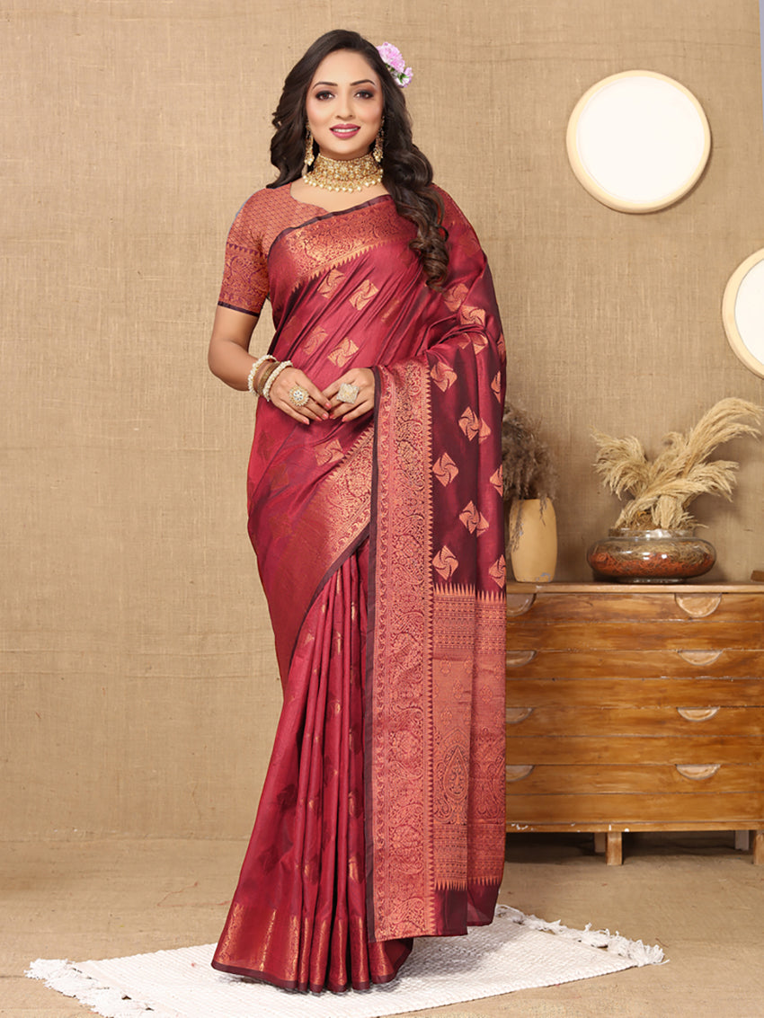 Lorenvalley Fashion Maroon Soft Katan Silk Woven Design Copper Zari Weaving Saree - Swadesiicart