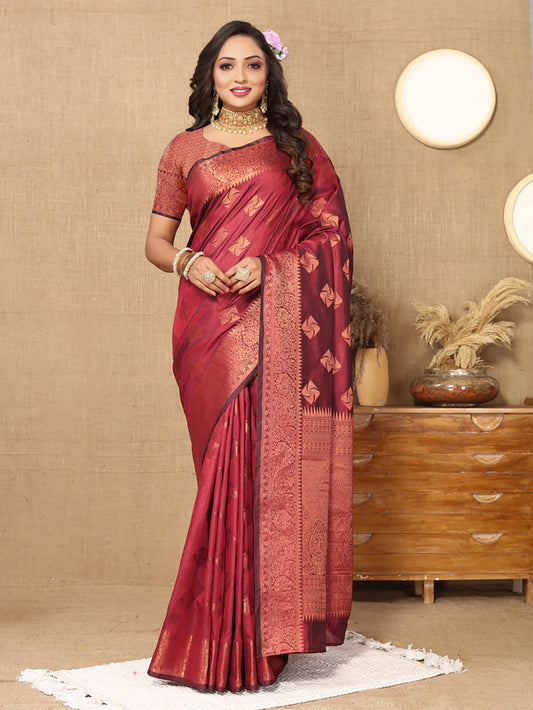 Lorenvalley Fashion Maroon Soft Katan Silk Woven Design Copper Zari Weaving Saree - Swadesiicart