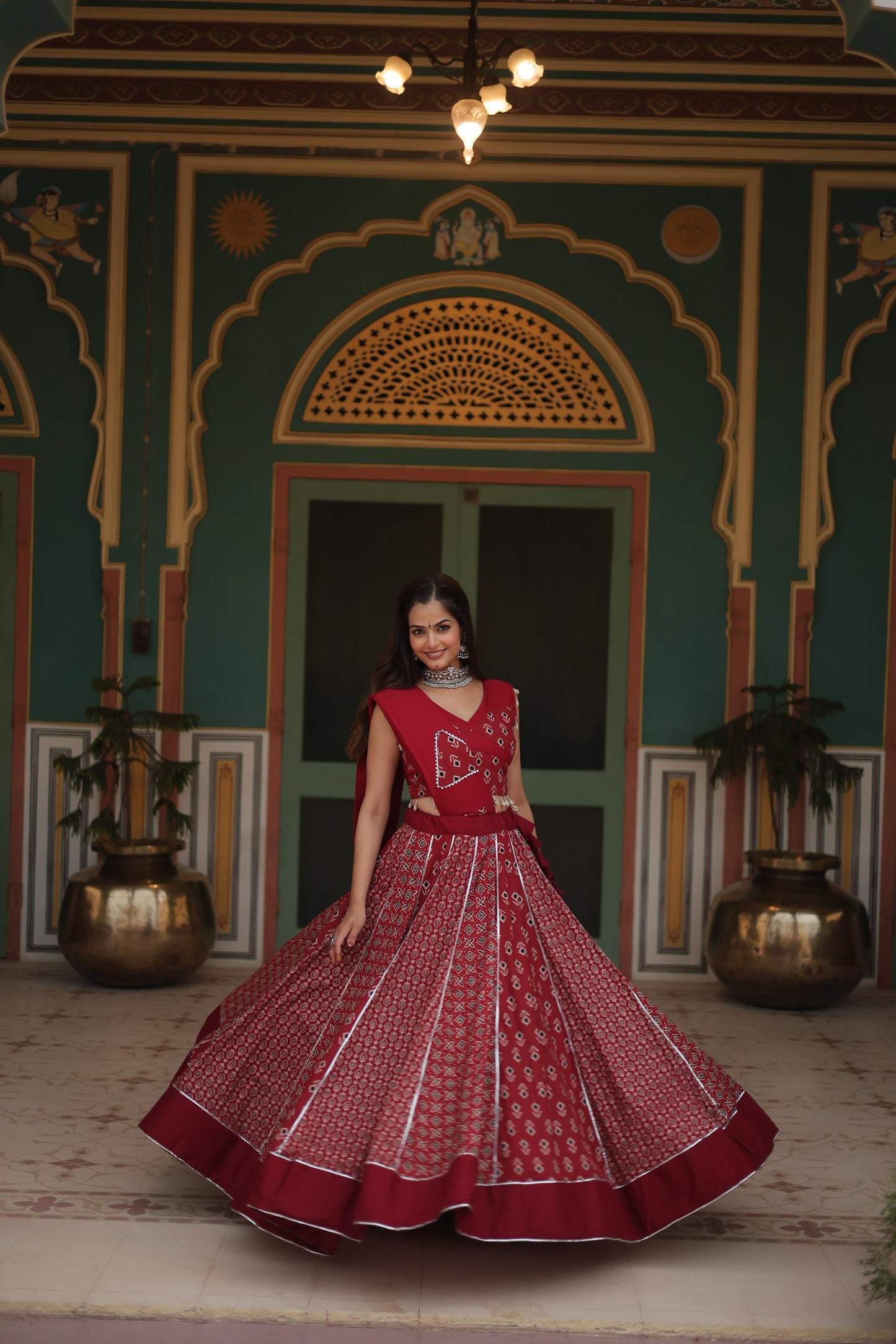 Lorenvalley Maroon Rayon Gota Patti Lace Printed Kali Pattern Lehenga Choli with Dupatta | Swadesiicart