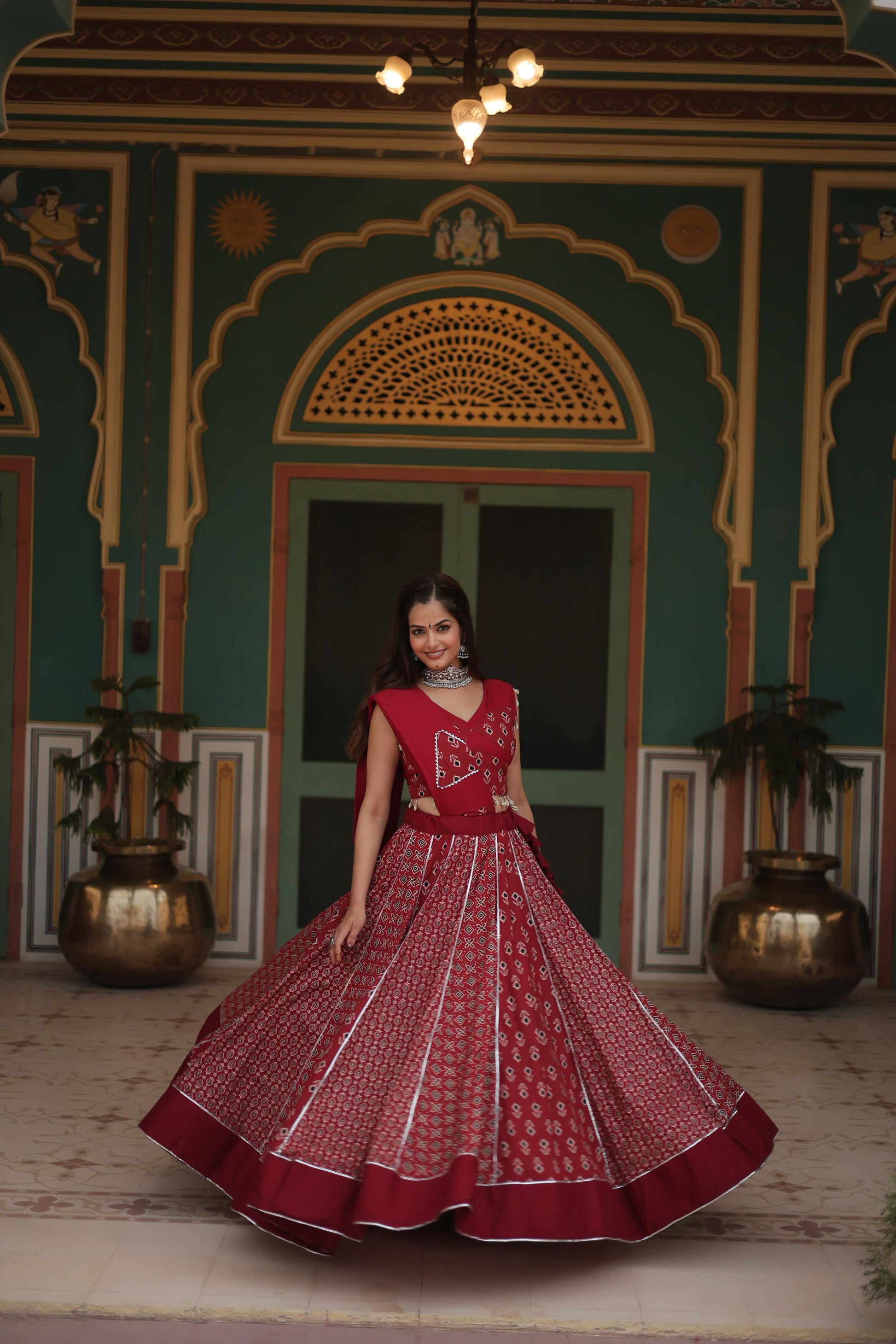 Lorenvalley Maroon Rayon Gota Patti Lace Printed Kali Pattern Lehenga Choli with Dupatta | Swadesiicart