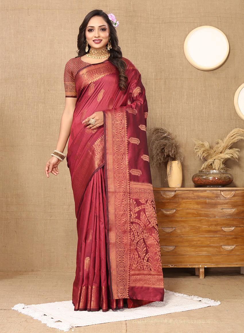 Lorenvalley Fashion Maroon Soft Katan Silk Woven Design Copper Zari Weaving Saree - Swadesiicart
