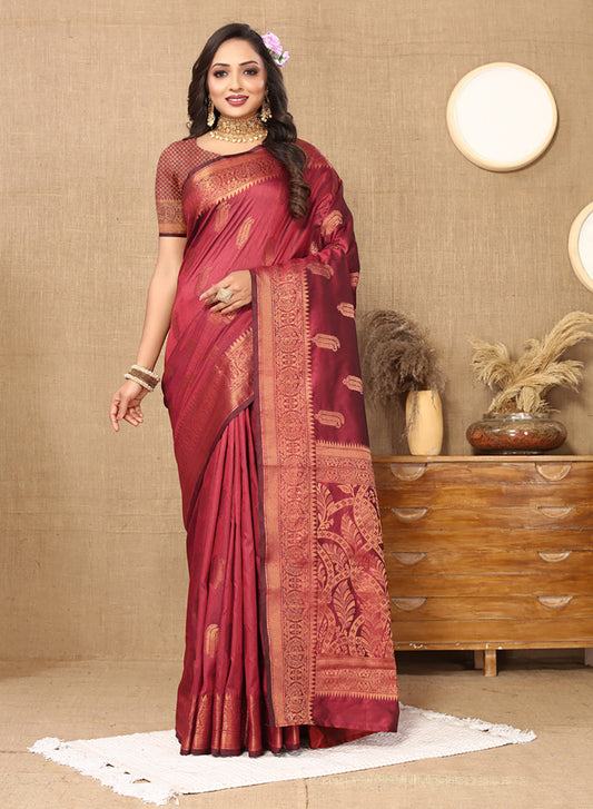 Lorenvalley Fashion Maroon Soft Katan Silk Woven Design Copper Zari Weaving Saree - Swadesiicart