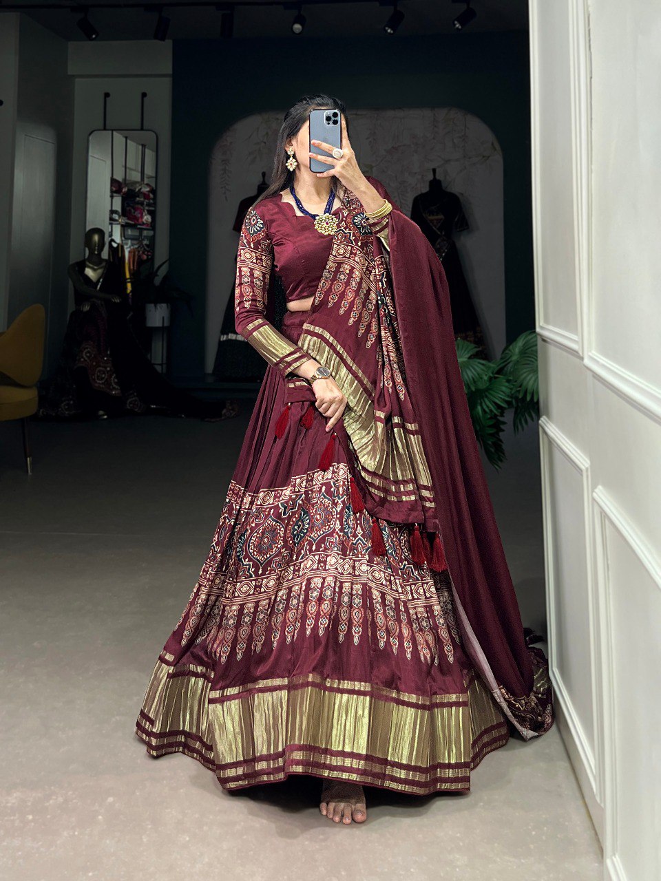 Lorenvalley Maroon Gaji Silk Digital Print With Lagadi Patta Lehenga Choli with Dupatta | Swadesiicart