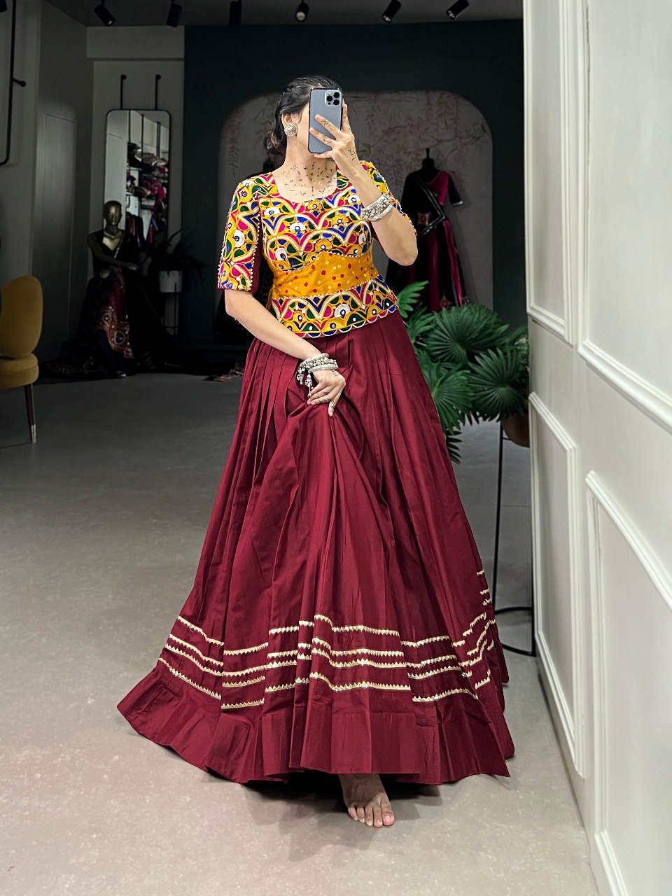 Lorenvalley Maroon Pure Cotton Plain With Gota Patti Touch Up Lehenga Choli | Swadesiicart