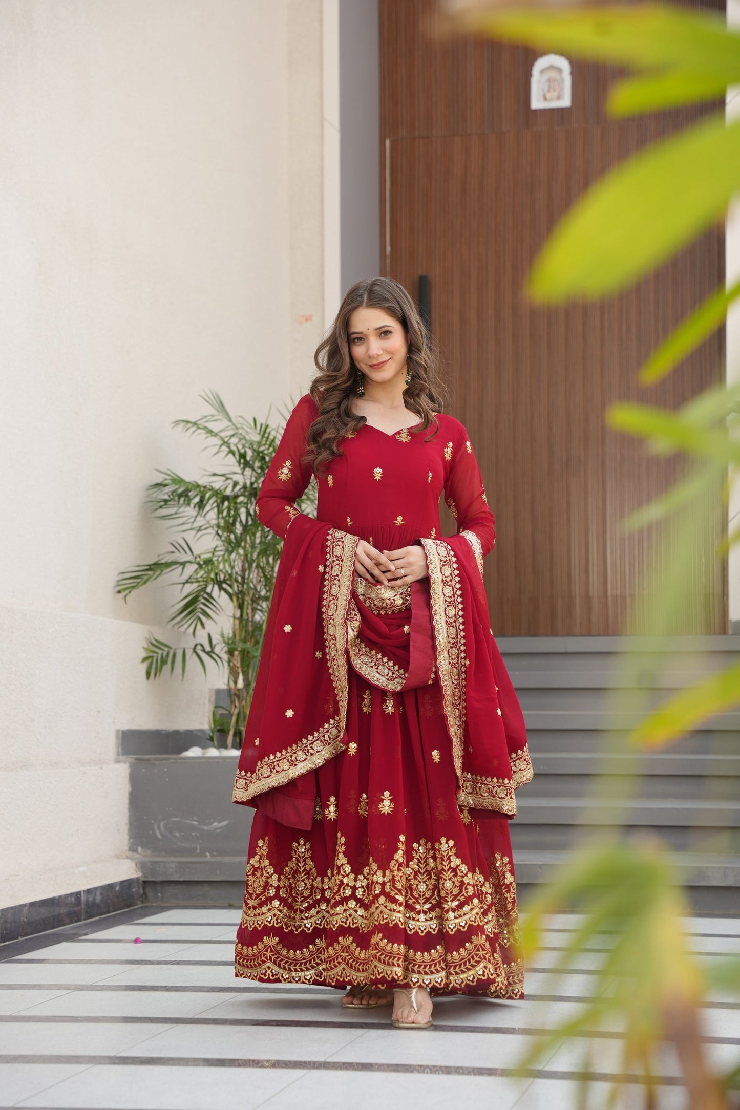 Lorenvalley Fashion Maroon Faux Georgette with Zari & Sequins Embroidered Work Anarkali Gown with Dupatta - Swadesiicart