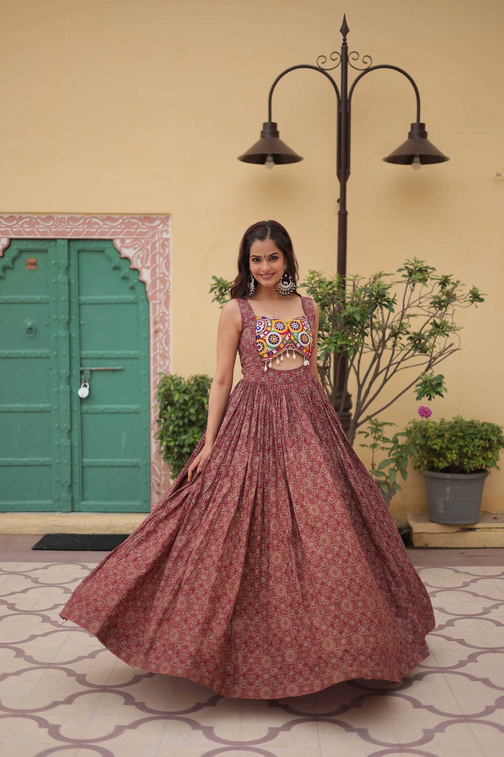 Lorenvalley Maroon Printed Cotton With Kutchi Gamthi Work and Kodi Lace Gown | Swadesiicart