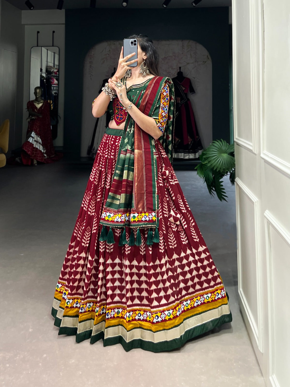 Lorenvalley Maroon Dola Silk with Printed With Foil Work And Original Mirror Gamthi Lace Touch Up Lehenga Choli | Swadesiicart