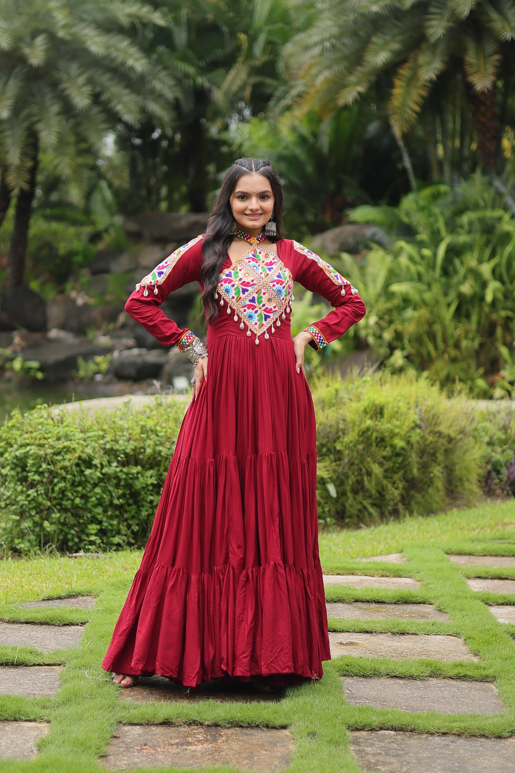 Lorenvalley Maroon Rayon Fabric with Kutchi Gamthi work Gown | Swadesiicart