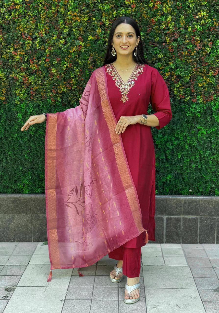 Lorenvalley Fashion Maroon Roman Silk Hand Work Kurta Pant with Dupatta - Swadesiicart