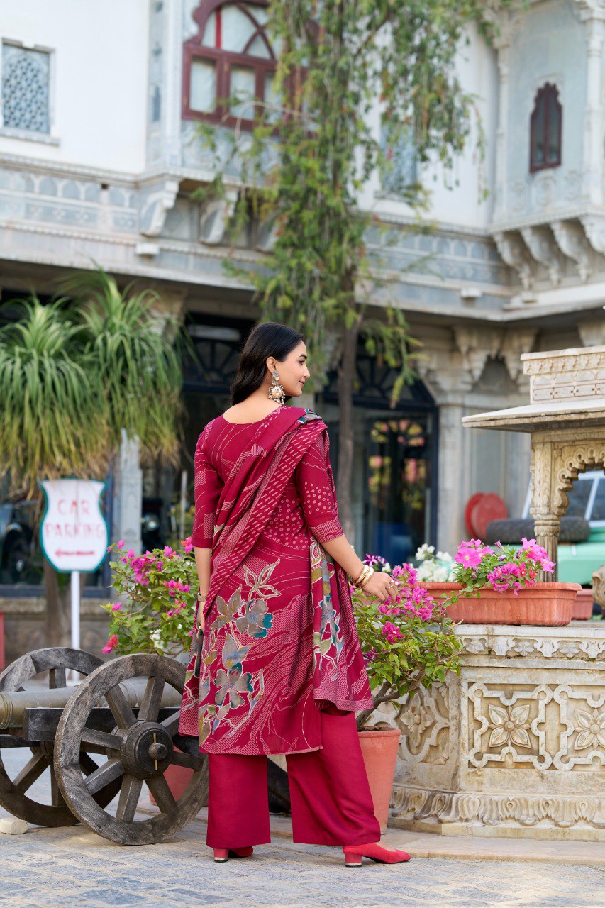 Lorenvalley Maroon Roman Silk Floral Print With Beets Handwork Kurta Set | Swadesiicart