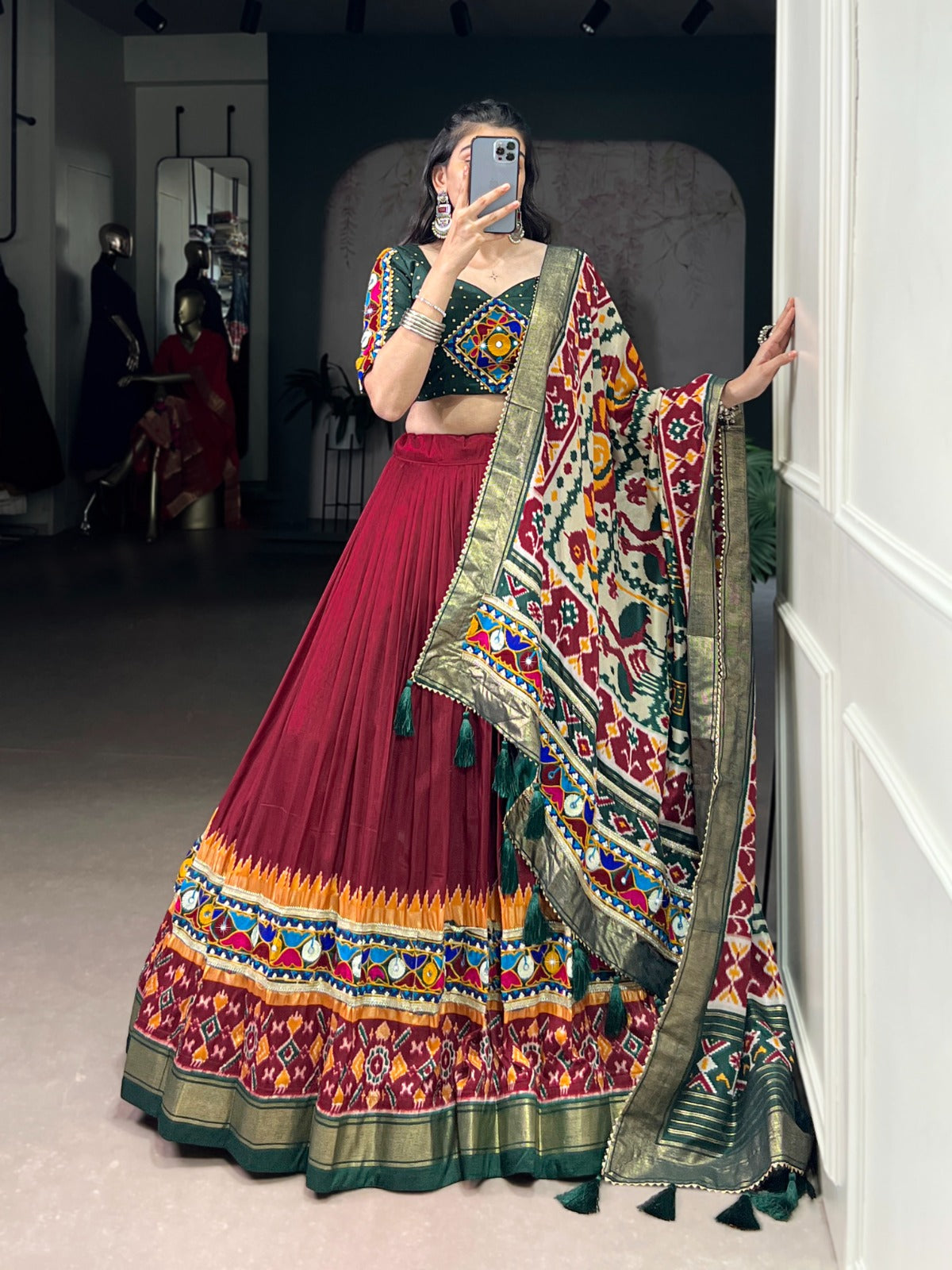 Lorenvalley Fashion Maroon Tasar Silk Print with Foil Work and Real Mirror Gamthi Work with Lace Touch Up Lehenga Choli with Dupatta | Swadesiicart