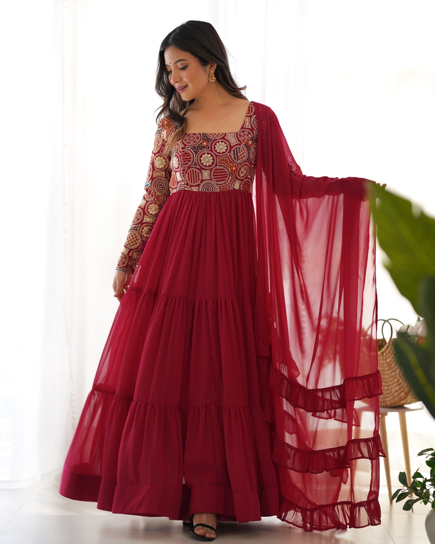Lorenvalley Fashion Maroon Faux Georgette Embroidery 9 Needle Thread Work Anarkali Pant with Dupatta - Swadesiicart