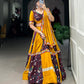 Lorenvalley Yellow and Wine Rayon with Printed Silk Original Mirror Gamthi Work and Embossed Design Gota Lehenga Choli with Dupatta | Swadesiicart