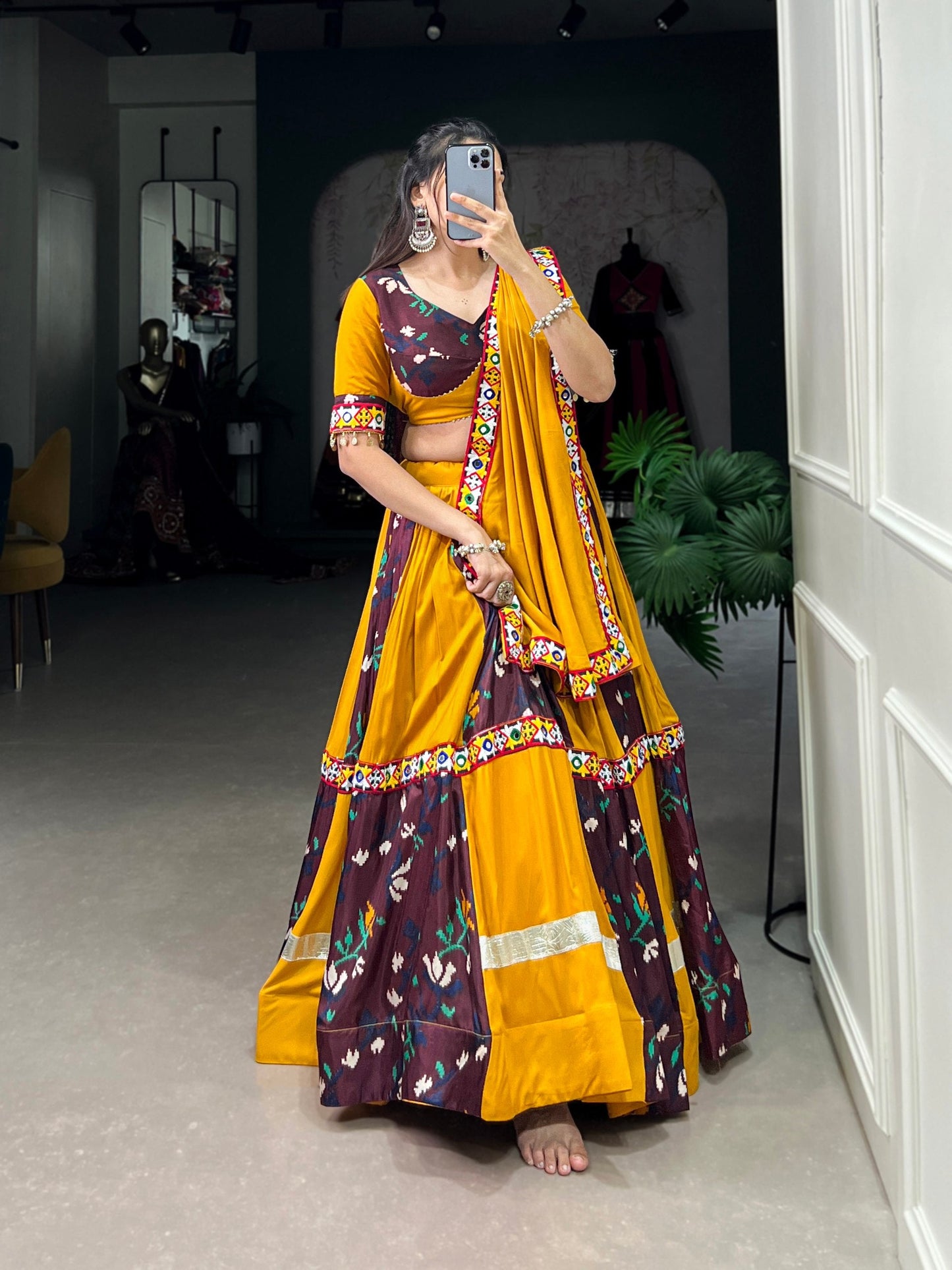 Lorenvalley Yellow and Wine Rayon with Printed Silk Original Mirror Gamthi Work and Embossed Design Gota Lehenga Choli with Dupatta | Swadesiicart