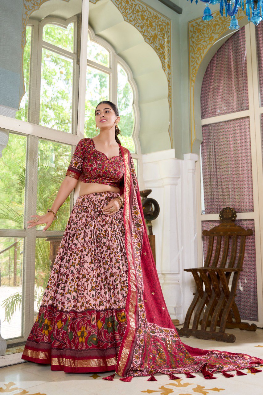 Lorenvalley Maroon Tussar Silk Floral Print with Foil Print Lehenga Choli with Dupatta | Swadesiicart