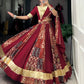 Lorenvalley Maroon Rayon and Tussar Silk Plain And Printed With Embossed Design Gota Lace Lehenga Choli with Dupatta | Swadesiicart