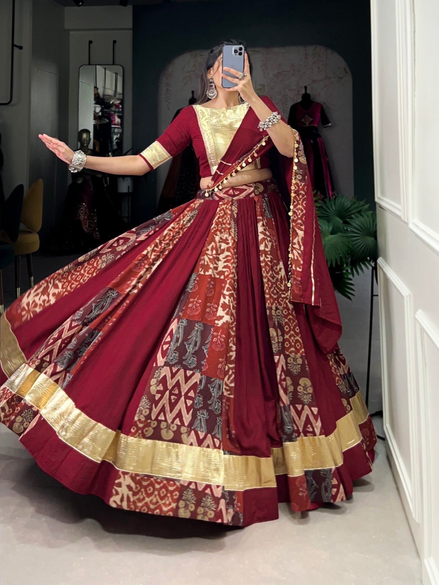Lorenvalley Maroon Rayon and Tussar Silk Plain And Printed With Embossed Design Gota Lace Lehenga Choli with Dupatta | Swadesiicart