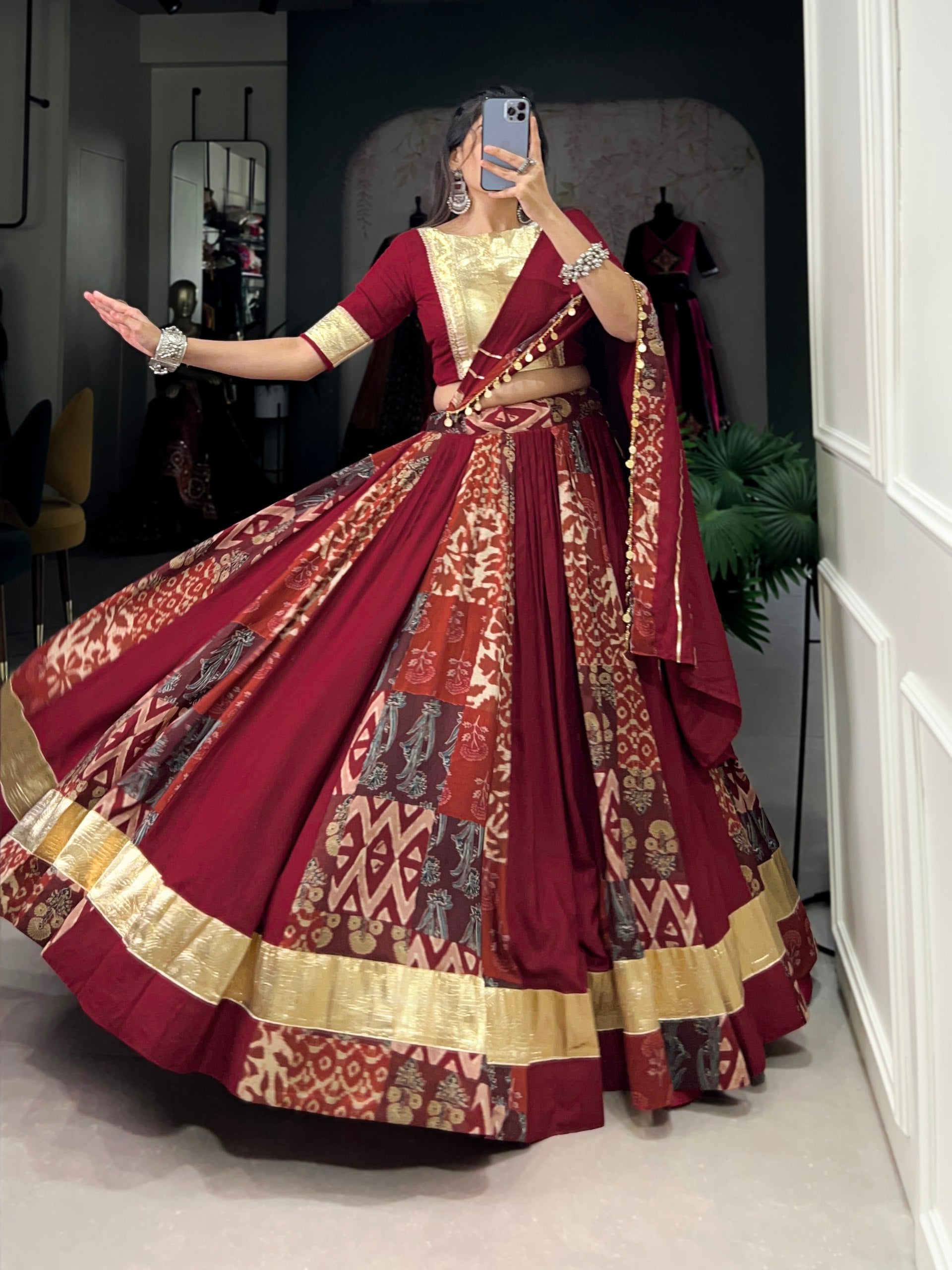Lorenvalley Maroon Rayon and Tussar Silk Plain And Printed With Embossed Design Gota Lace Lehenga Choli with Dupatta | Swadesiicart