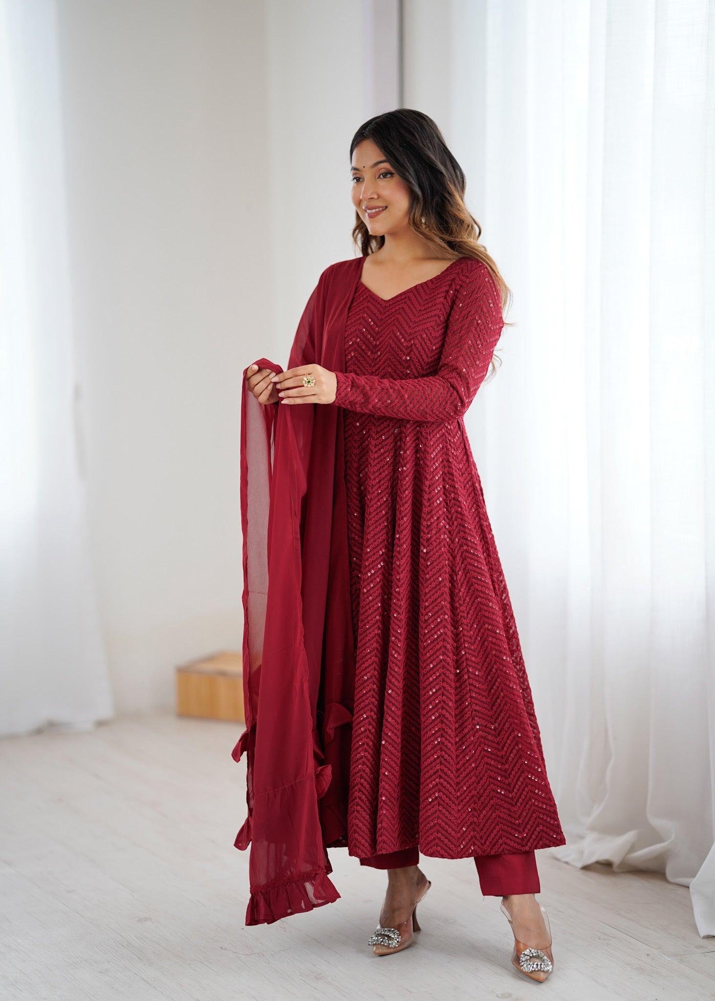 Lorenvalley Fashion Maroon Faux Georgette Lukhnowi Sequence Work Anarkali Kurta Pant With Dupatta Set - Swadesiicart