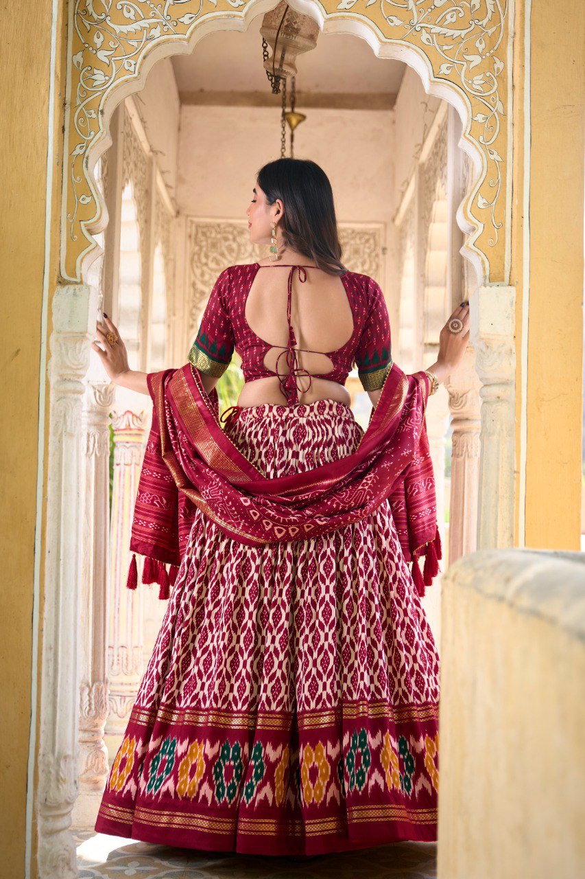 Lorenvalley Maroon Tussar Silk Ikkat Print With Foil Work Lehenga Choli with Dupatta | Swadesiicart