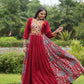 Lorenvalley Maroon Rayon Contrast of Printed with Kutchi Gamthi work Gown | Swadesiicart