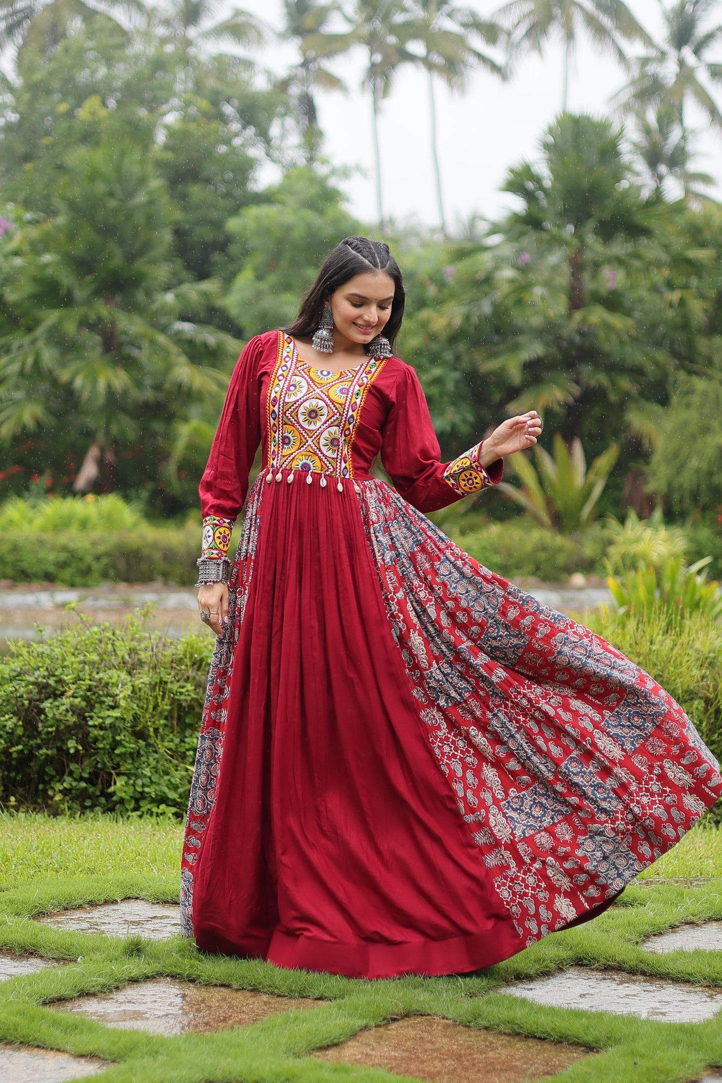 Lorenvalley Maroon Rayon Contrast of Printed with Kutchi Gamthi work Gown | Swadesiicart
