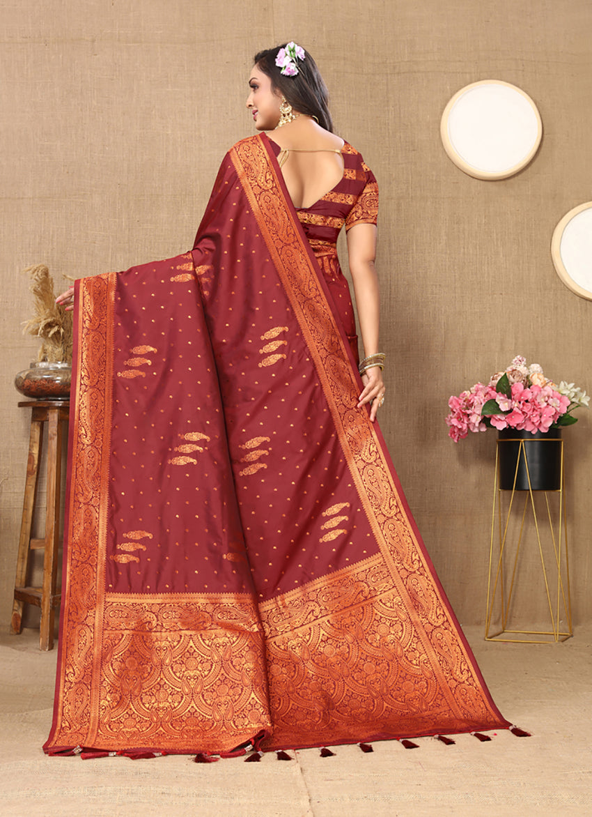 Lorenvalley Fashion Maroon Soft Silk Copper Zari weaving Design Saree - Swadesiicart