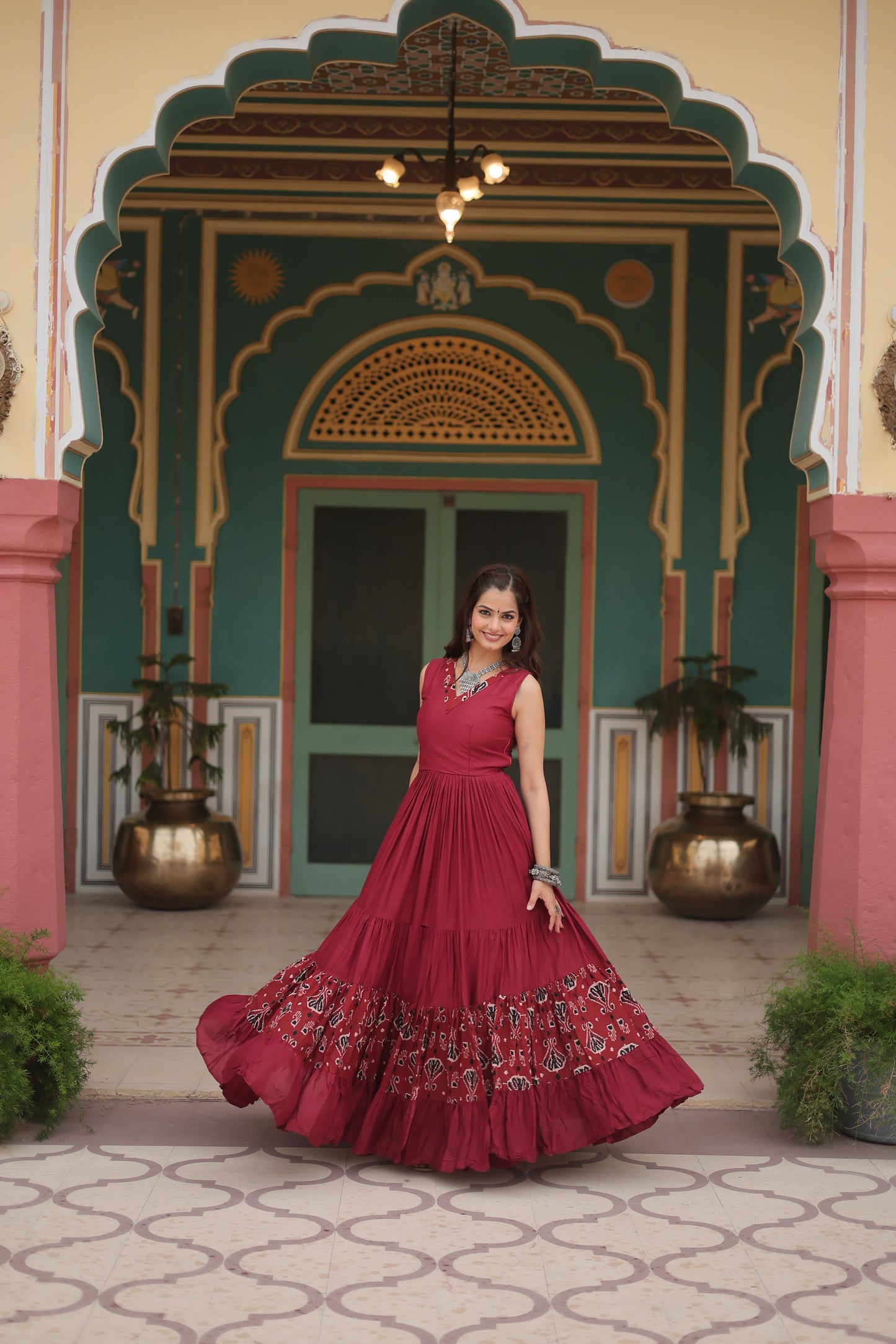 Lorenvalley Maroon Rayon Fabric with Printed Attached In Frill And Neck Gown | Swadesiicart