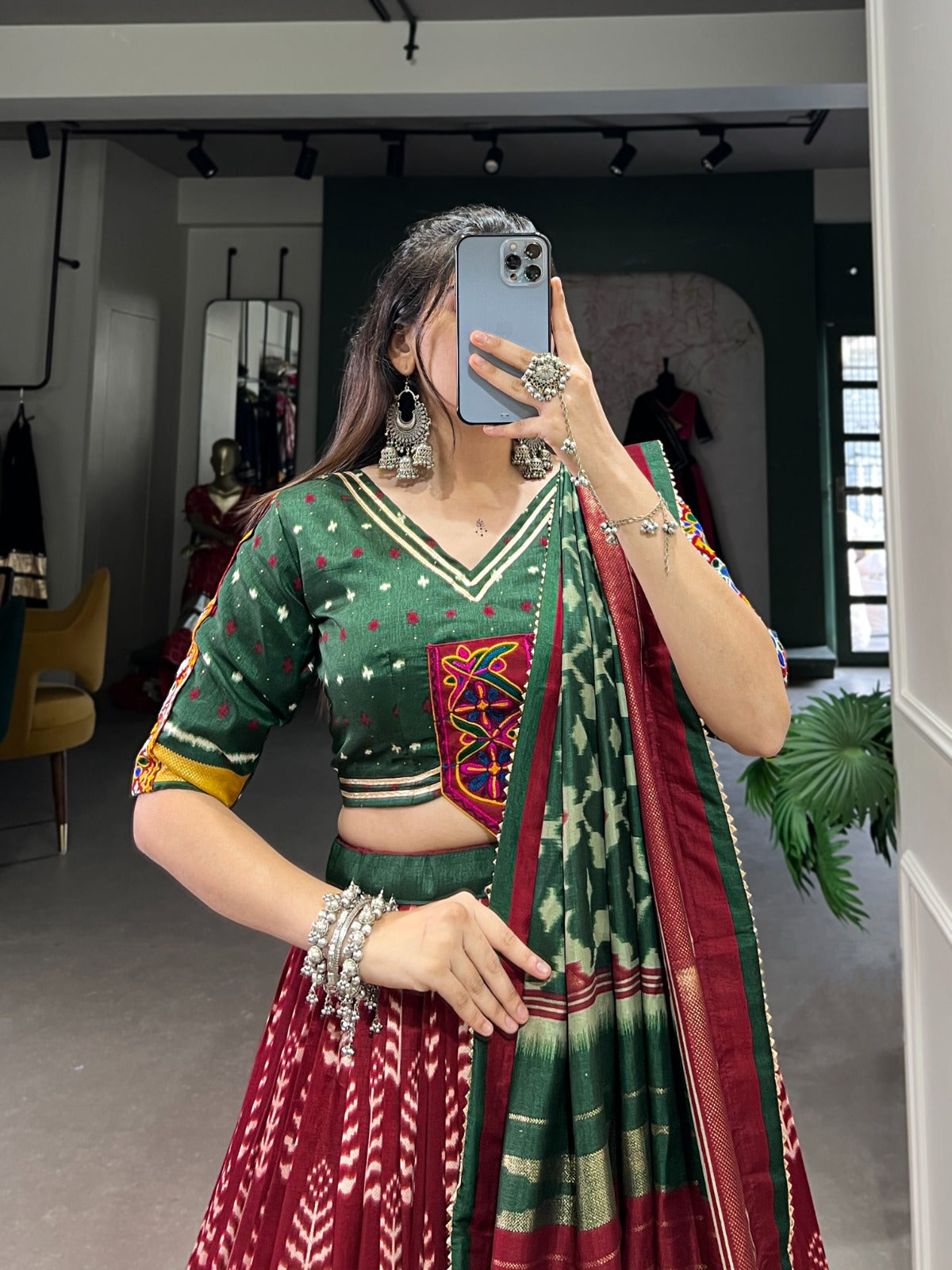 Lorenvalley Maroon Dola Silk with Printed With Foil Work And Original Mirror Gamthi Lace Touch Up Lehenga Choli | Swadesiicart