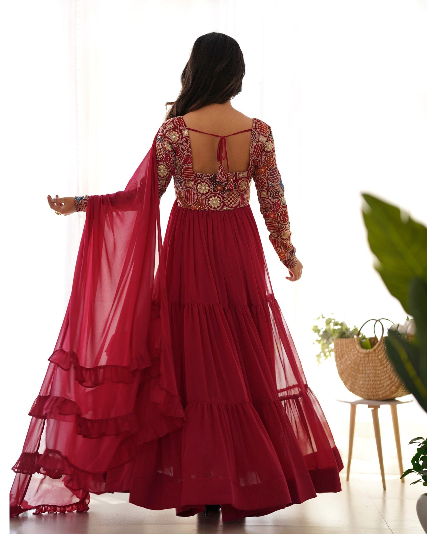 Lorenvalley Fashion Maroon Faux Georgette Embroidery 9 Needle Thread Work Anarkali Pant with Dupatta - Swadesiicart