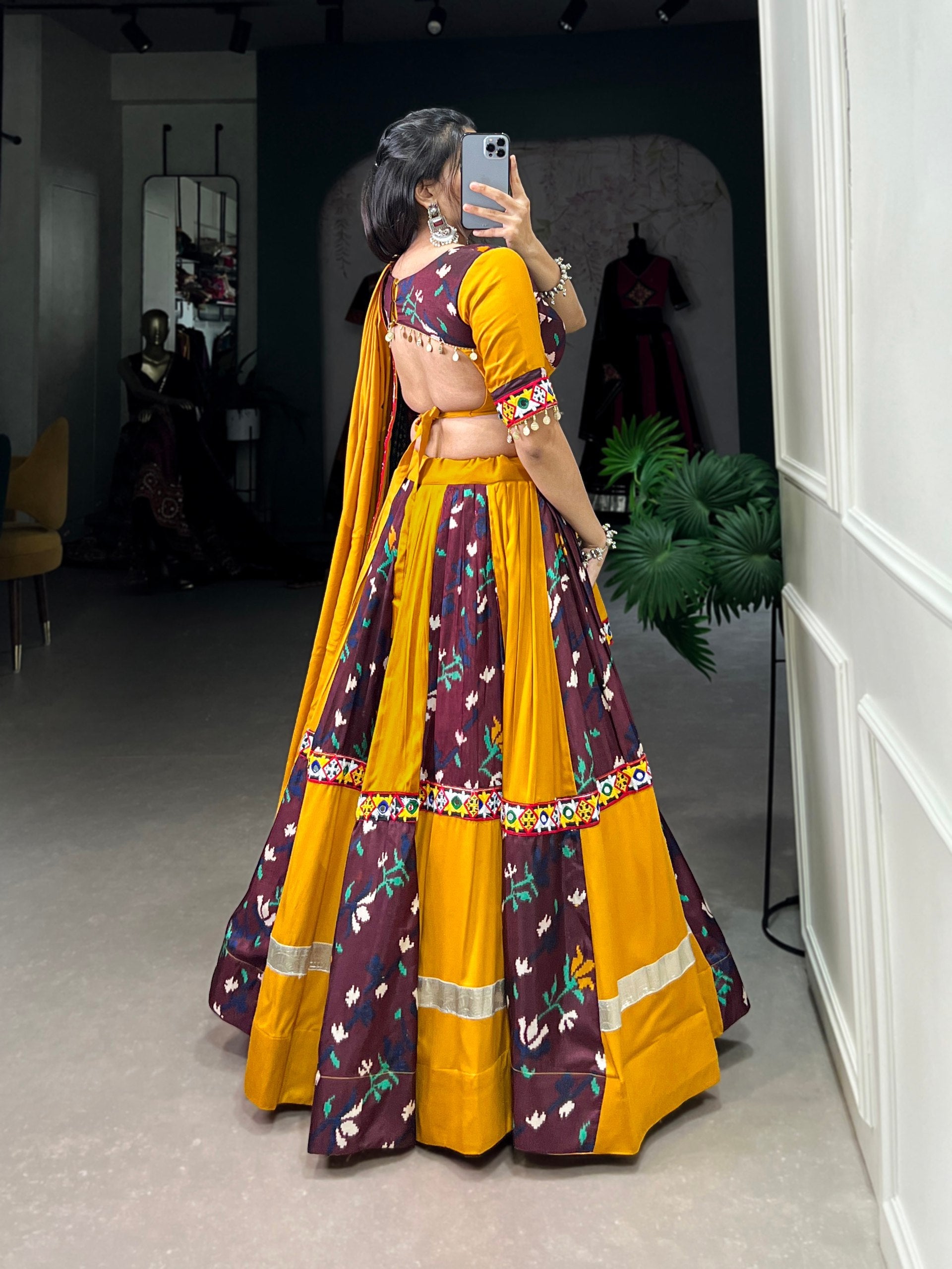 Lorenvalley Yellow and Wine Rayon with Printed Silk Original Mirror Gamthi Work and Embossed Design Gota Lehenga Choli with Dupatta | Swadesiicart