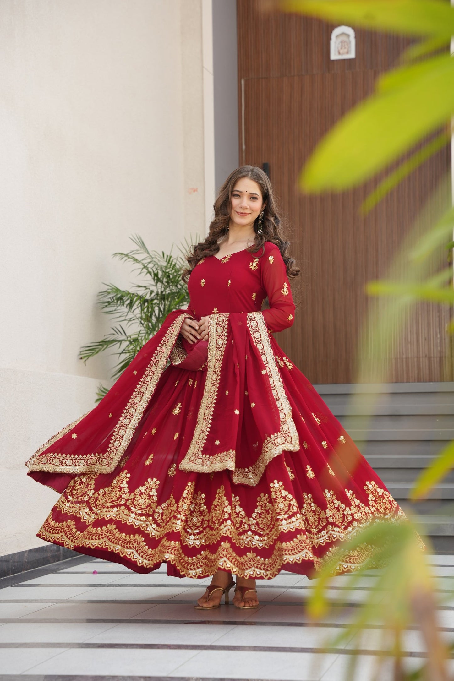 Lorenvalley Fashion Maroon Faux Georgette with Zari & Sequins Embroidered Work Anarkali Gown with Dupatta - Swadesiicart