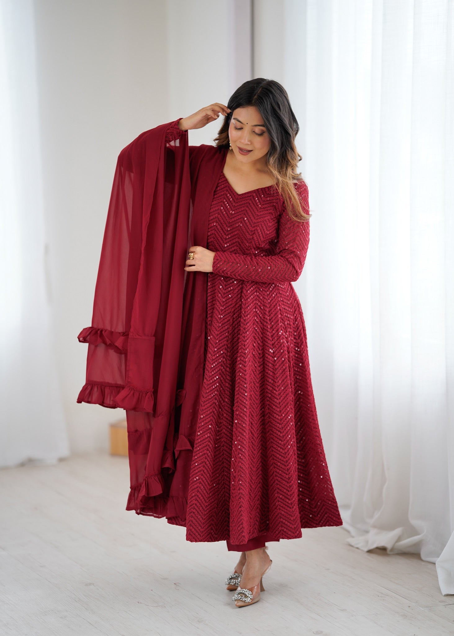 Lorenvalley Fashion Maroon Faux Georgette Lukhnowi Sequence Work Anarkali Kurta Pant With Dupatta Set - Swadesiicart