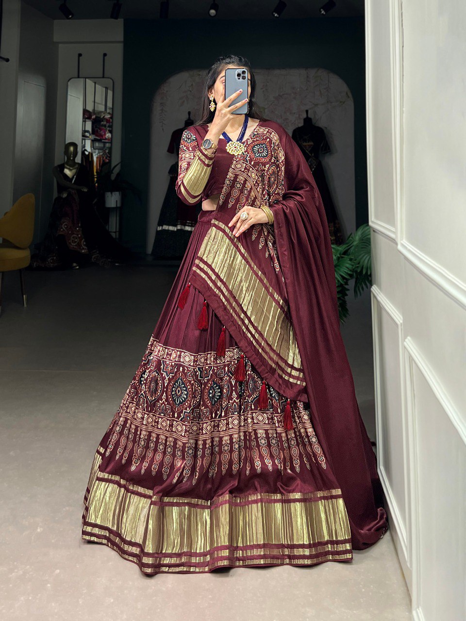 Lorenvalley Maroon Gaji Silk Digital Print With Lagadi Patta Lehenga Choli with Dupatta | Swadesiicart