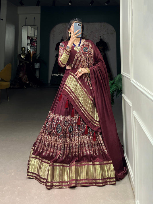 Lorenvalley Maroon Gaji Silk Digital Print With Lagadi Patta Lehenga Choli with Dupatta | Swadesiicart