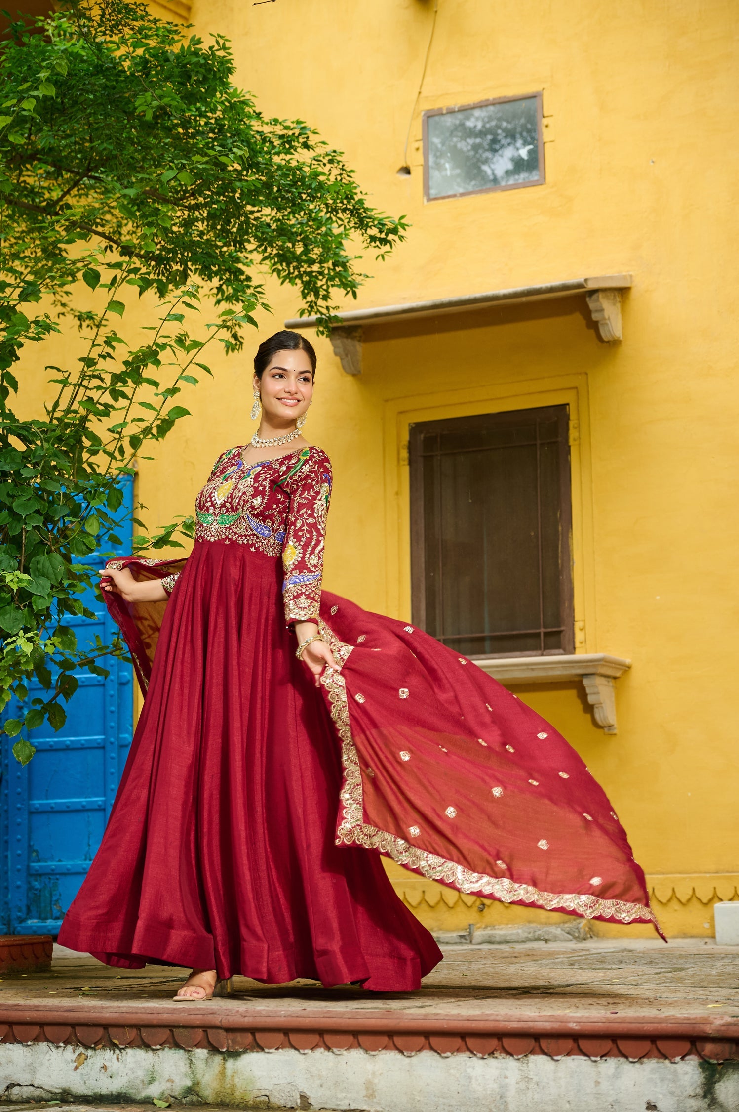 Lorenvalley Fashion Maroon Vichitra Silk with Multi Thread & Embroidered work Anarkali Gown with Dupatta - Swadesiicart