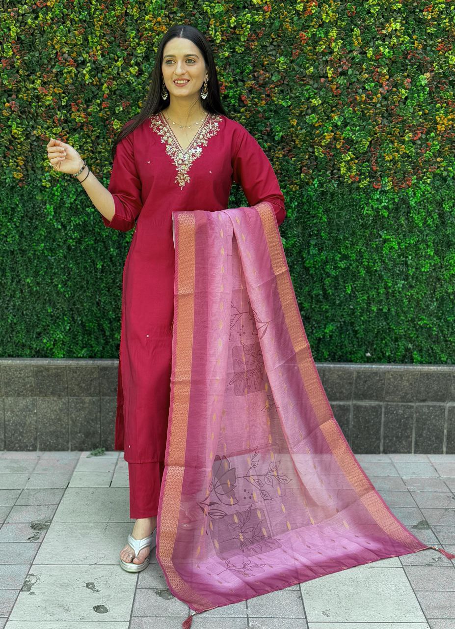 Lorenvalley Fashion Maroon Roman Silk Hand Work Kurta Pant with Dupatta - Swadesiicart