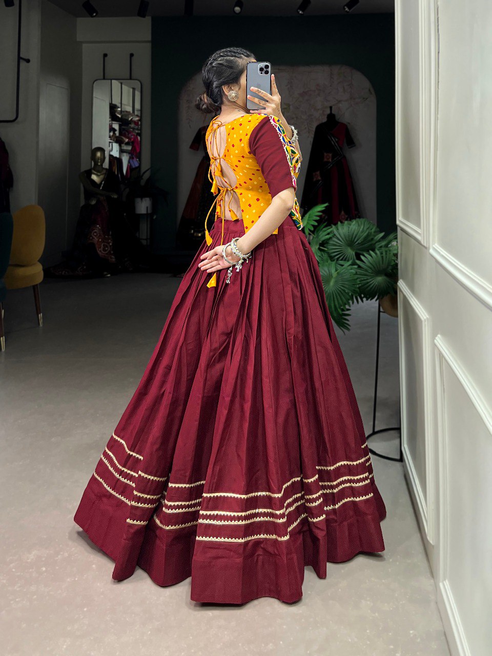 Lorenvalley Pure Cotton Maroon Plain With Gota Patti Touch Up Lehenga Choli | Swadesiicart