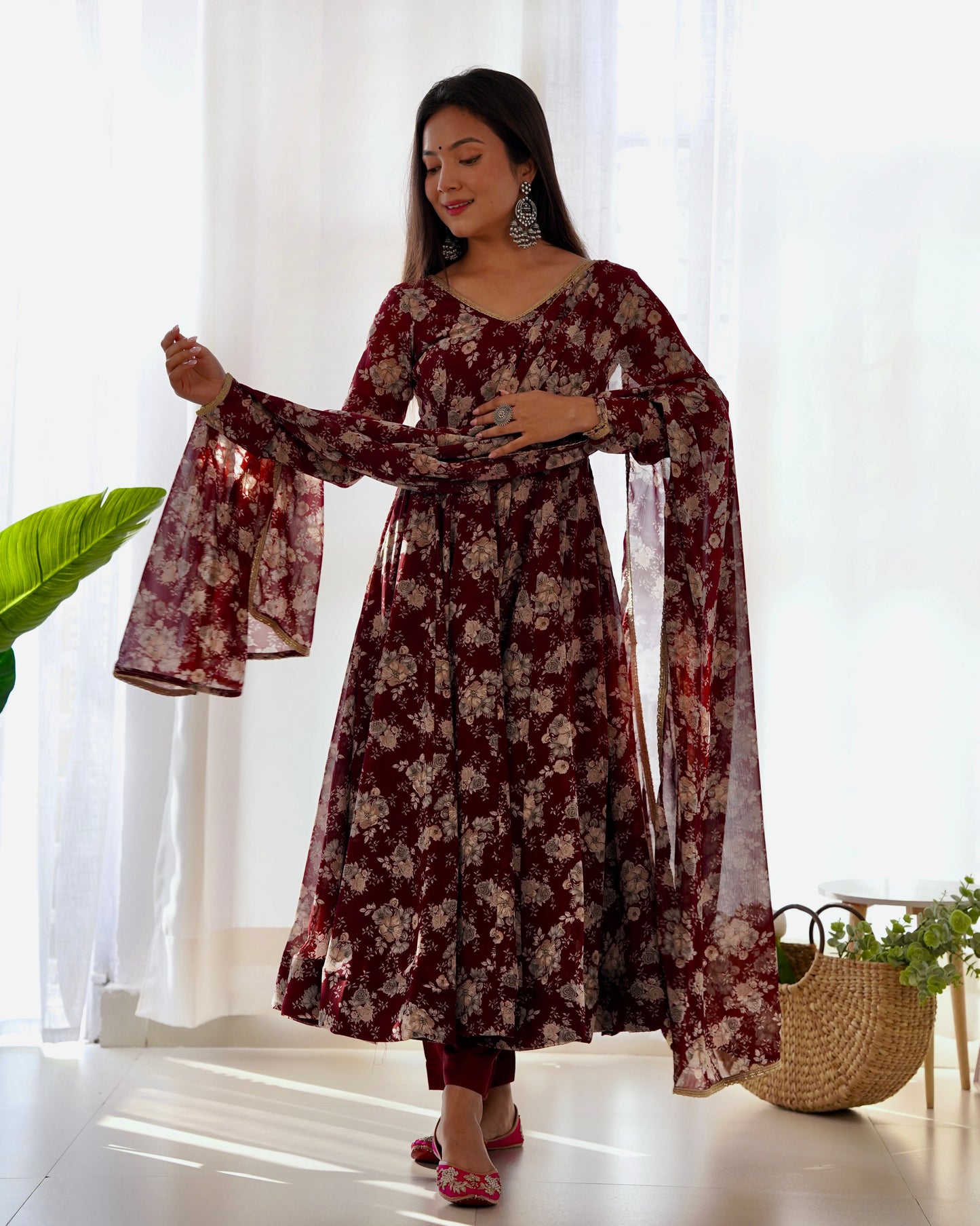 Lorenvalley Pure Faux Georgette Multi Floral Print Fully Flared Anarkali Pant With Dupatta Set - Maroon | Swadesiicart
