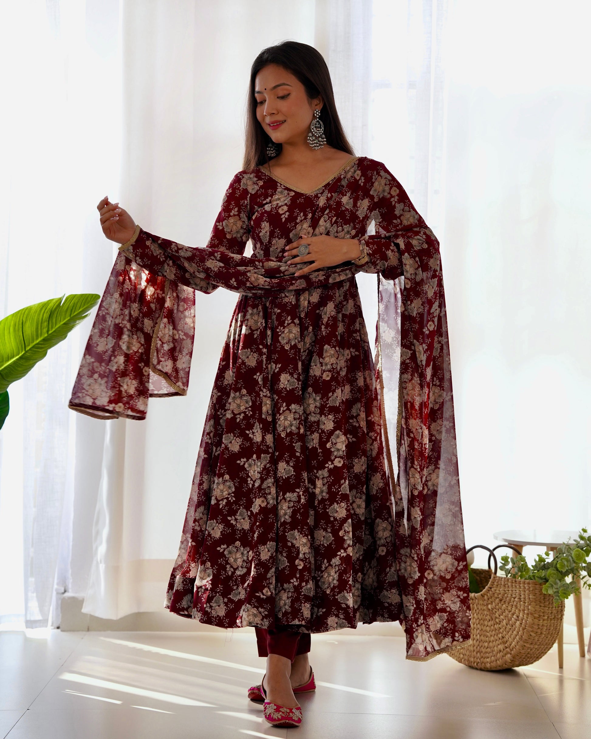 Lorenvalley Pure Faux Georgette Multi Floral Print Fully Flared Anarkali Pant With Dupatta Set - Maroon | Swadesiicart