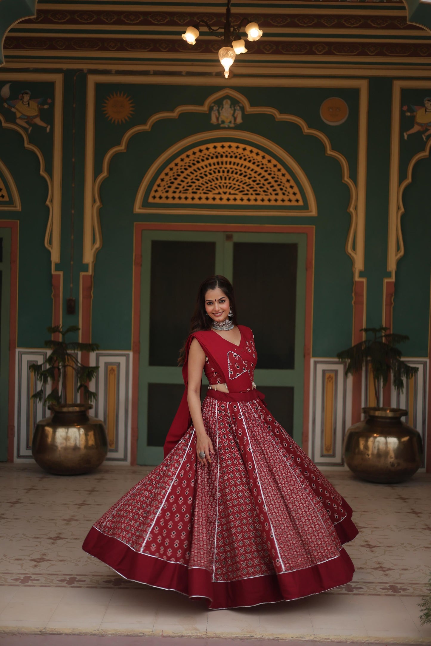 Lorenvalley Maroon Rayon Gota Patti Lace Printed Kali Pattern Lehenga Choli with Dupatta | Swadesiicart