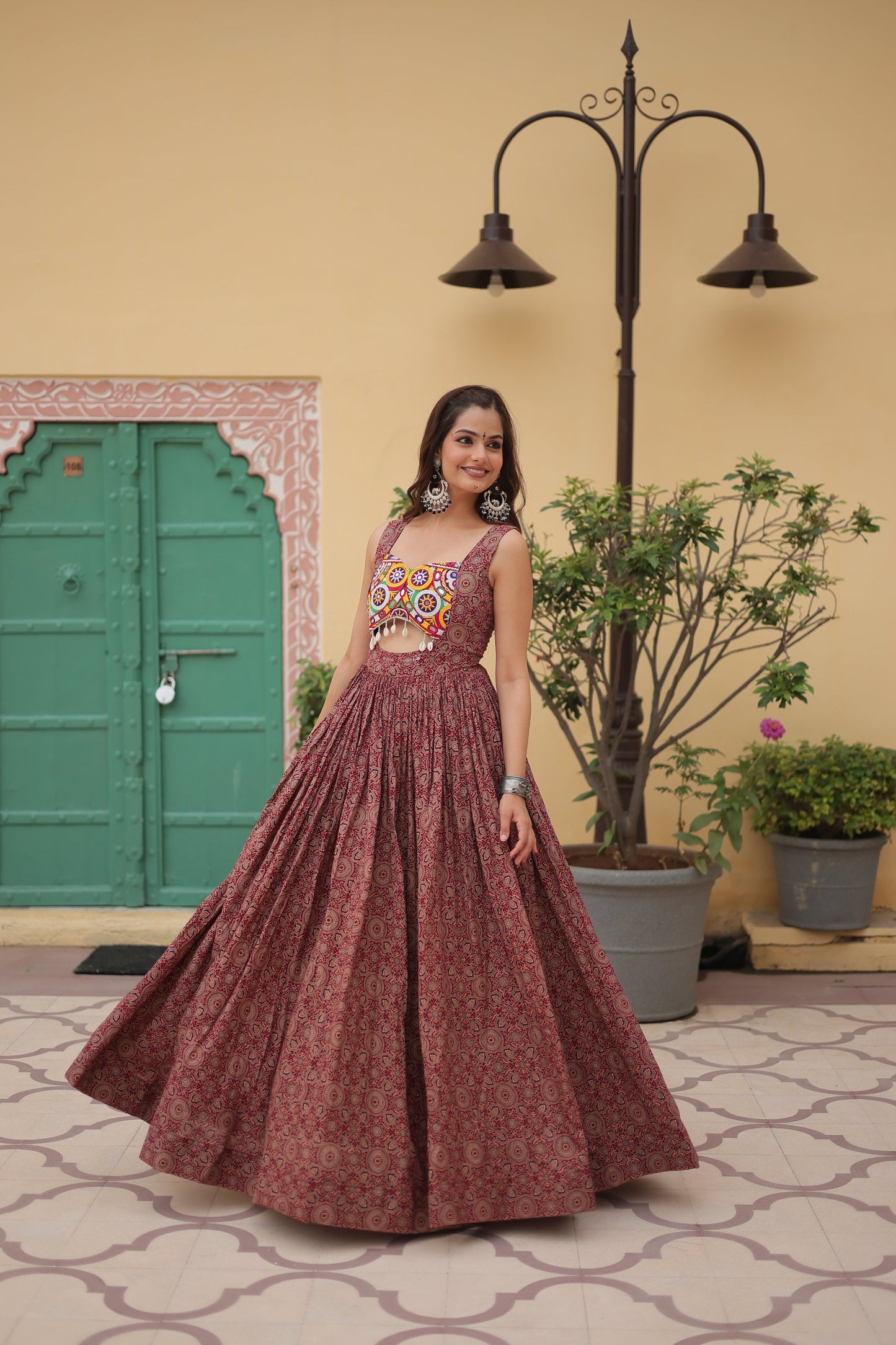 Lorenvalley Maroon Printed Cotton With Kutchi Gamthi Work and Kodi Lace Gown | Swadesiicart