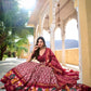 Lorenvalley Maroon Tussar Silk Ikkat Print With Foil Work Lehenga Choli with Dupatta | Swadesiicart