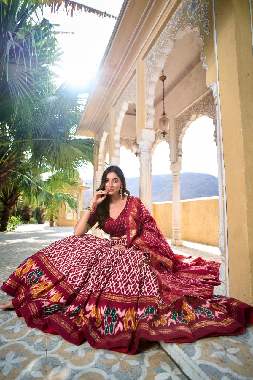 Lorenvalley Maroon Tussar Silk Ikkat Print With Foil Work Lehenga Choli with Dupatta | Swadesiicart