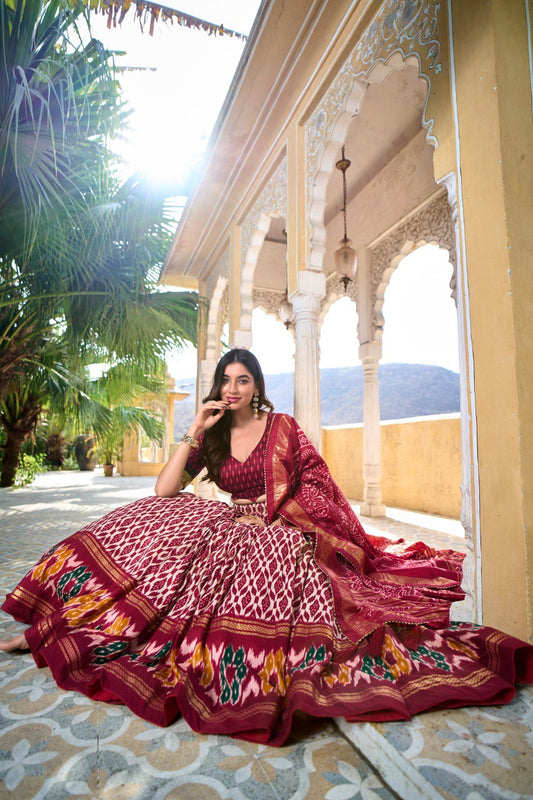 Lorenvalley Maroon Tussar Silk Ikkat Print With Foil Work Lehenga Choli with Dupatta | Swadesiicart