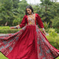 Lorenvalley Maroon Rayon Contrast of Printed with Kutchi Gamthi work Gown | Swadesiicart